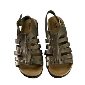 Clarks Sandals Leather 9W Wide Bronze Gold Lexi Marigold Slingback Buckle Wedge